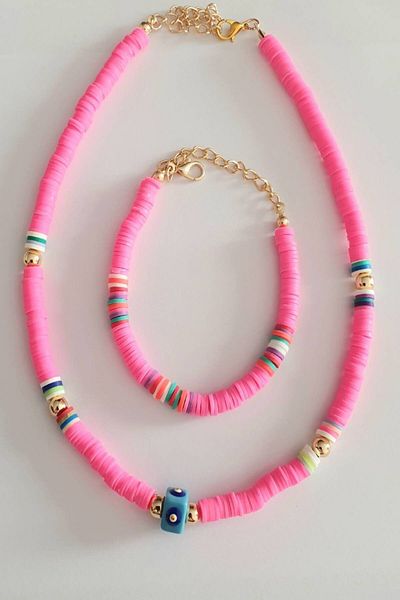 EDWOL Fimo Soft Evil Eye Beaded Necklace and Bracelet Set Pink