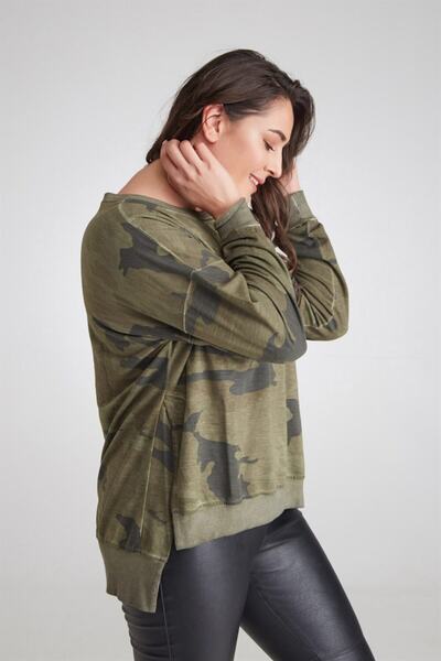 Seamoda Sweat Camouflage Patterned Oil Wash Slit Khaki-bb