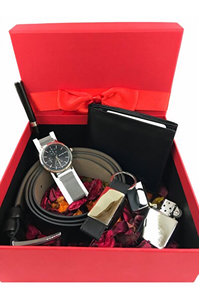 Karalı Deri Erkek Cüzdan Kemer Saat Çakmak Anahtarlık Kalem Set