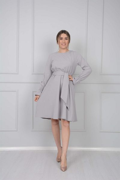 giyimmasalı Crepe Fabric Waist Rubber Dress - Gray