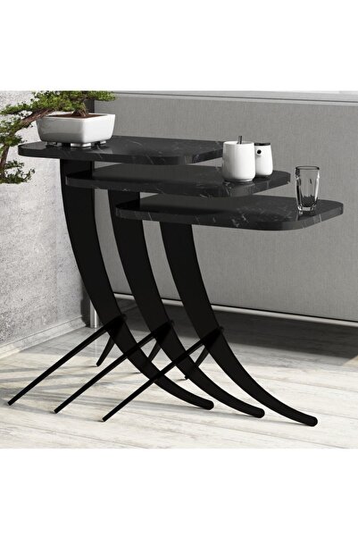 Variant Mobilya Pion Metal Ayaklı 3 Lü Zigon Sehpa - Mermer Siyah