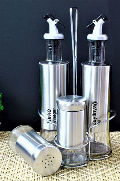 Ün-Ev 4-Piece Oil Pot Vinegar Salt Shaker TkGlass Metal Removal with Stand