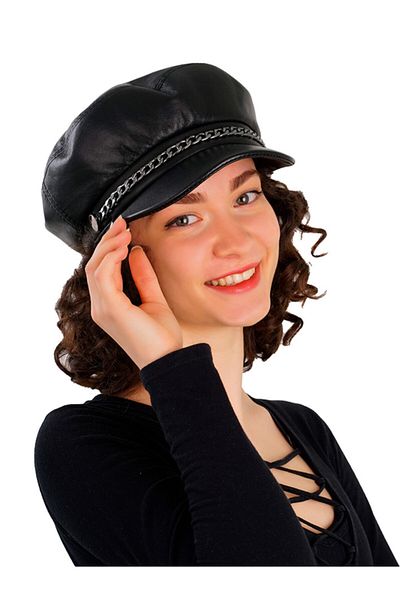 Mumcu's Leather Black Leather Women's Captain Sailor Type Satin Lined Cap Hat