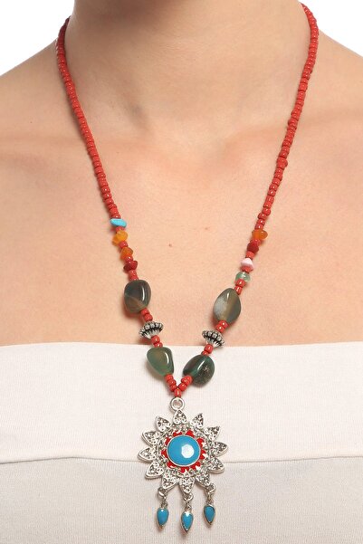 Rouge Women's Red Moulin Sun Figure Authentic Natural Stone Beaded Necklace