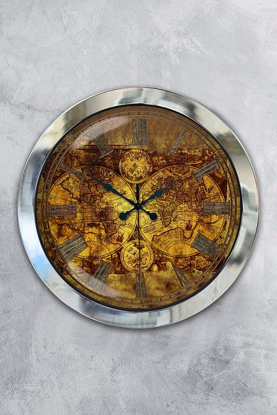 Kasva Concept Gift 36 cm Chrome Metal Map Wall Clock