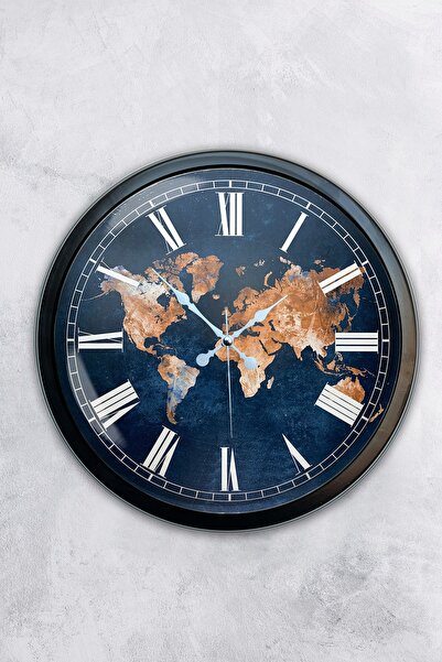 Platin Saat ساعة حائط بخريطة العالم معدنية سوداء مقاس 40 سم