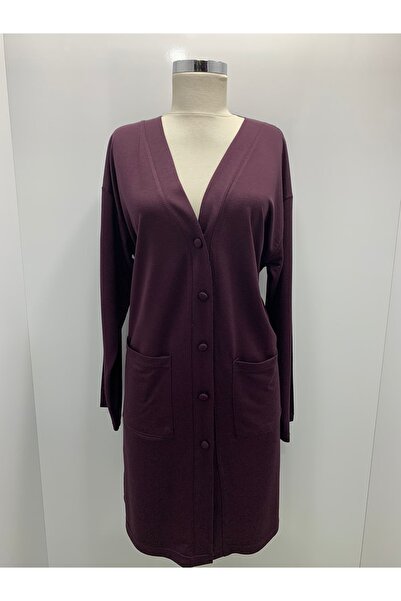 Fresh&Moda Kadın Mürdüm Uzun Düğmeli Cepli Anne Penye Hırka