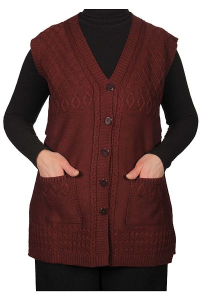Fresh&Moda Vestă de damă cu nasturi de mărime plus burgundă