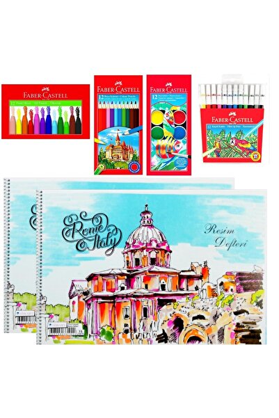 Faber Castell Kuru Sulu Keçeli Pastel 12 Renk Boya Ve 25x35 Spiralli 2 Adet Defter Seti