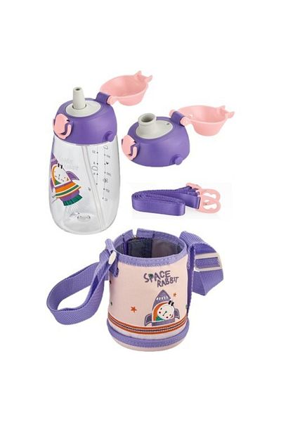 Uzspace Children's Covered Tritan Water Bottle with 2 Separated Lids and Straw 480ml
