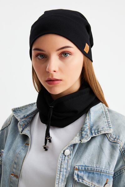 Butikgiz SİYAH Kadın Pamuklu Kaşkorse, Terletmez, Ultra Hafif ve Yumuşak Bere Boyunluk Takım