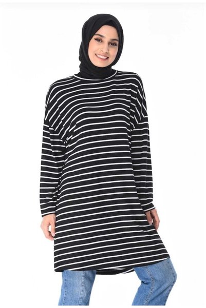 MODAMÜNASİP Harika Çizgili Oversize Geniş Kesim Pamuklu Penye Tunik