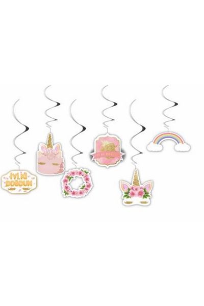 Deniz Party Store Unicorn Floral Themed 6 Piece Pendant Lamp Ceiling Ornament