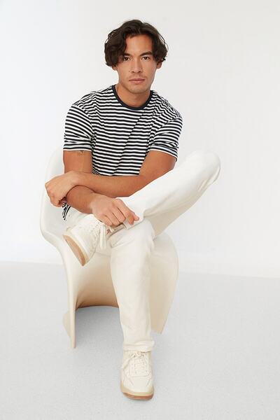 Machetta Navy Blue Men's Crew Neck Short Sleeve Striped T-shirt