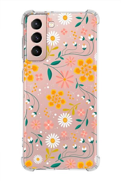 PrintiFy Samsung Galaxy S21 Köşe Korumalı Antişok Kapak Çiçek Tasarımlı Şeffa...