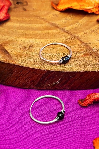Aykat Siyah Taşlı 15 Mm Gümüş Halka Küpe Genç Kız Küpesi Kupe-511