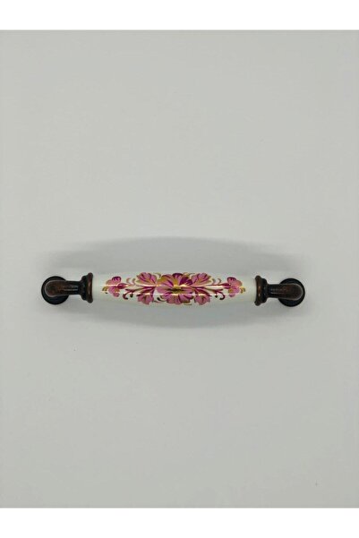 CLV PORSELEN KULP 128mm Beyaz Porselen Pembe Çiçek Desenli Kulp Mobilya Kulbu Dolap Kulbu