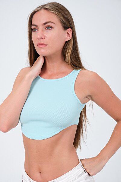 PUNKY CAT Women's Mint Sleeveless Oval Front Crop Blouse