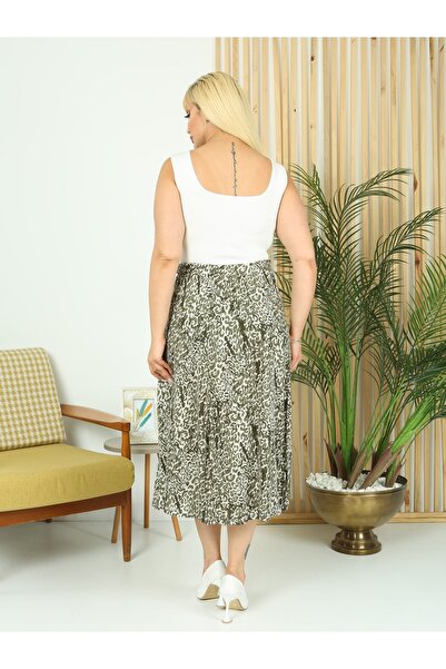 LİKRA Women's Large Size Khaki Snake High Waist Stretchy Viscose Skirt