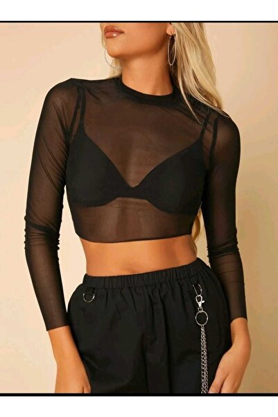 H&K Store Жіноча блузка з довгим рукавом з екіпажем, чорний кроп-топ, прозора блузка Tul