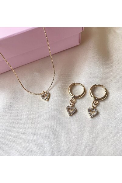 Asia by Leuvoié Minimal Zirkon Taşlı Kalp Kolye Ve Küpe Seti