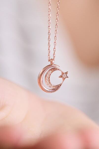 Eva Jewelry Ay Yıldız Figürlü 14k Rose Gold Kaplama Kadın Kolye