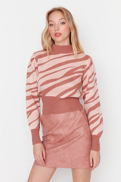 Trendyol Collection Zebra Patterned Dusty Rose Crop Knitwear Sweater - Twoaw21Kz0010