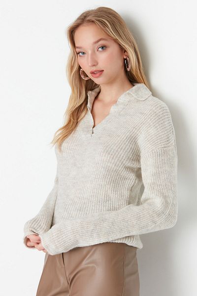 Trendyol Collection Pletený svetr Ecru Polo Neck TWOAW22KZ1552