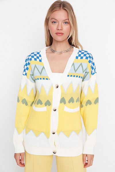 Trendyol Collection Széles szabású sárga mintás kötöttáru kardigán - TWOAW21HI0517