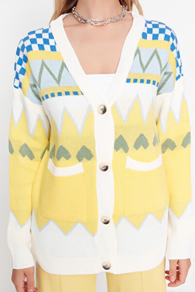 Trendyol Collection Wide Fit Yellow Patterned Knitwear Cardigan - Twoaw21Hi0517
