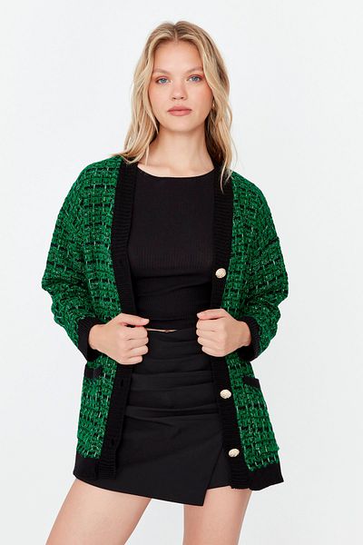 Trendyol Collection Grüner, glitzernder Strickcardigan in Tweed-Optik mit weiter Passform TWOAW21HI0250
