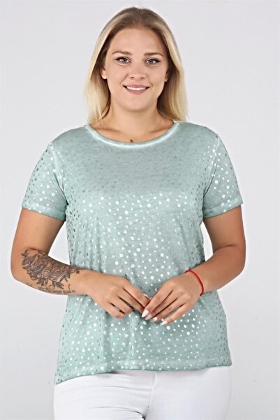 Seamoda Λαμπερή Τελεία Εκτυπωμένη Λάδι Πλενόμενο Basic T-shirt-πράσινο