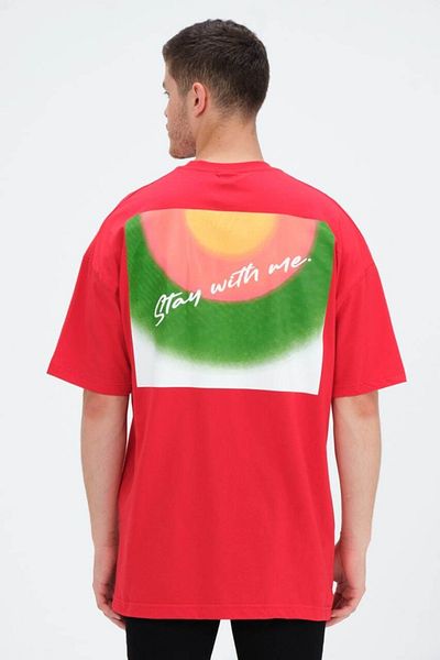 Saw Urbanity Red Crew Neck ( STAY WITH ME) Ribbed Back Printed Oversize T-shirt