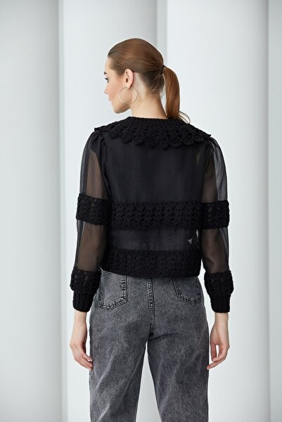 By Mare Style Hand Knitted Collar Organza White Jacket Bourges Jacket