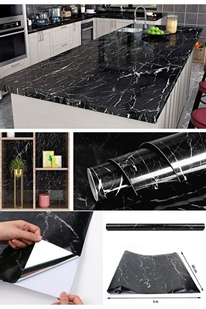 Greathings 1 Meter Black Marble Patterned Kitchen Countertop Table Cabinet Fi...