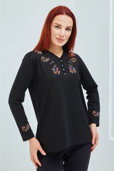 Fresh&Moda Women's Black V-Neck Buttoned Floral Lycra Mother's Combed Cotton Blouse