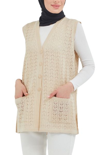Fresh&Moda Κρεμ Mercerized Γιλέκο με κουμπιά