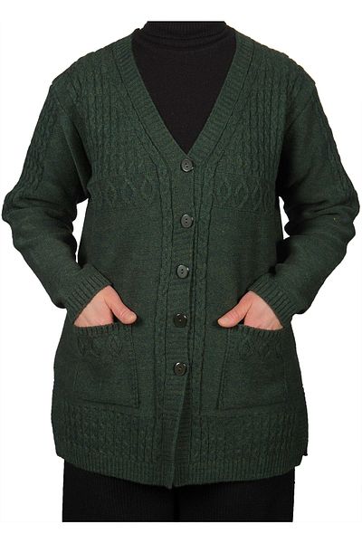 Fresh&Moda Large Size Women's Khaki Green Short Buttoned Cardigan