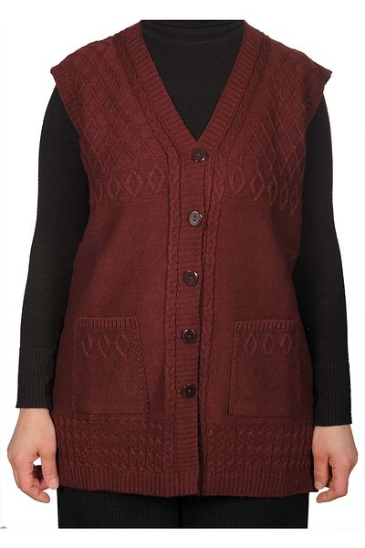 Fresh&Moda Vestă de damă cu nasturi de mărime plus burgundă