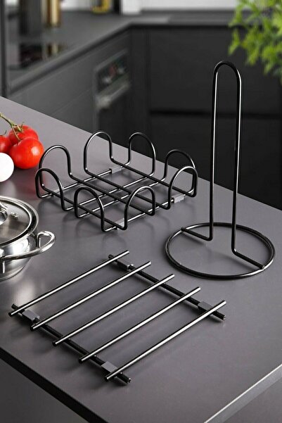Kitchen Store Set of 3 Black Trivet Napkin Holder Towel Holder Black Color Stainless Steel Kitchen Service Presentation Set