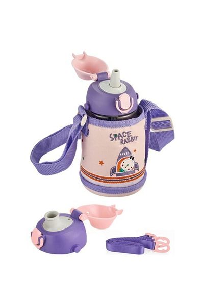 Uzspace Children's Covered Tritan Water Bottle with 2 Separated Lids and Straw 480ml
