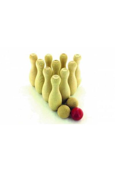 Ahtek Natural Wooden Bowling Game with 10 Wooden Lobbins