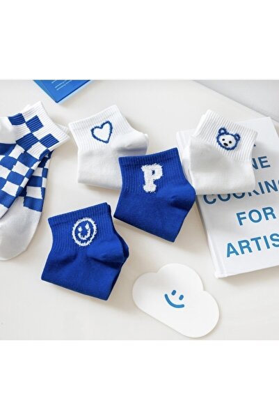 çorapmanya 5 Pairs Panda Patterned Blue and White Unisex College Tennis Socks