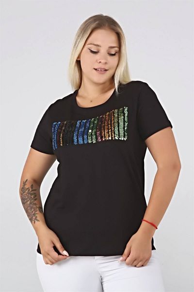 Seamoda Basic Tshirt with Colorful Sequin Embroidery on the Front - Black