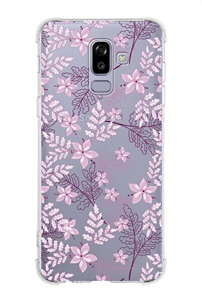 PrintiFy Samsung Galaxy J8 (2018) Köşe Korumalı Antişok Kapak Floral Pudra Tasarımlı Şeffaf Kılıf