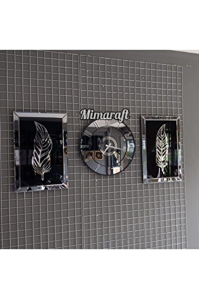 Mimaraft Aynalı Model 2 Li Tüy tablo Ve Saat Seti