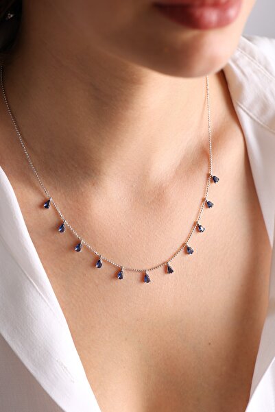 Zundesilver Rodyum Kaplama Sıralı Lacivert Damla Zirkon Taşlı Gümüş Kolye