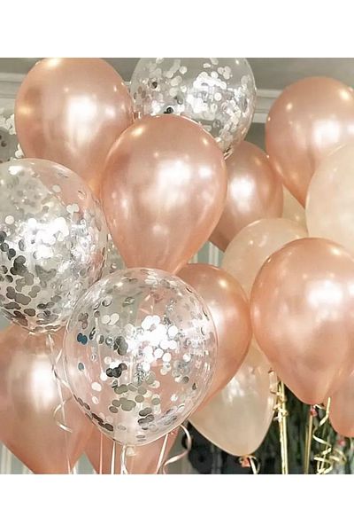 Deniz Party Store Rose Gold Balloon Set with Silver Confetti 10 Pieces