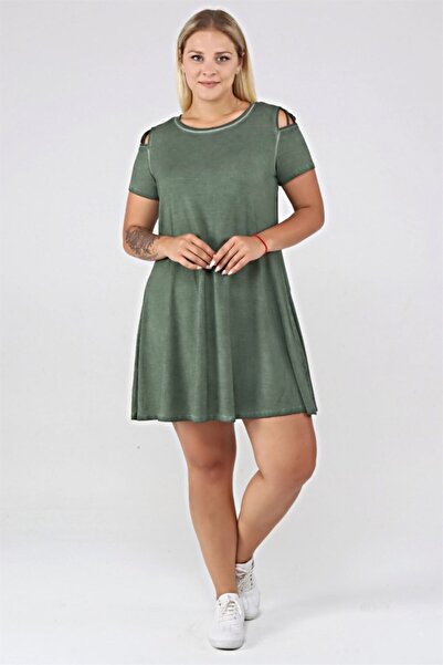 Seamoda Γυναικείο άνετο κοντό φόρεμα καθημερινής χρήσης με λεπτομέρεια παραθύρου στον ώμο - πράσινο