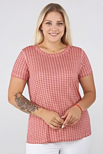 Seamoda Tricou de bază pentru spălare cu ulei cu model în carouri - Tigla deschisă